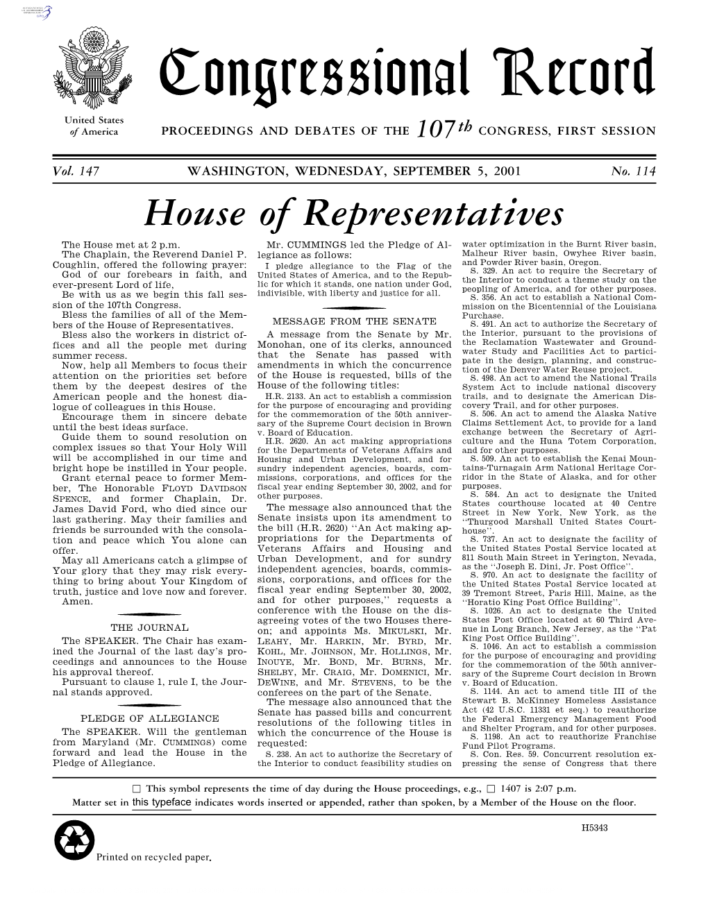 Congressional Record United States of America PROCEEDINGS and DEBATES of the 107Th CONGRESS, FIRST SESSION