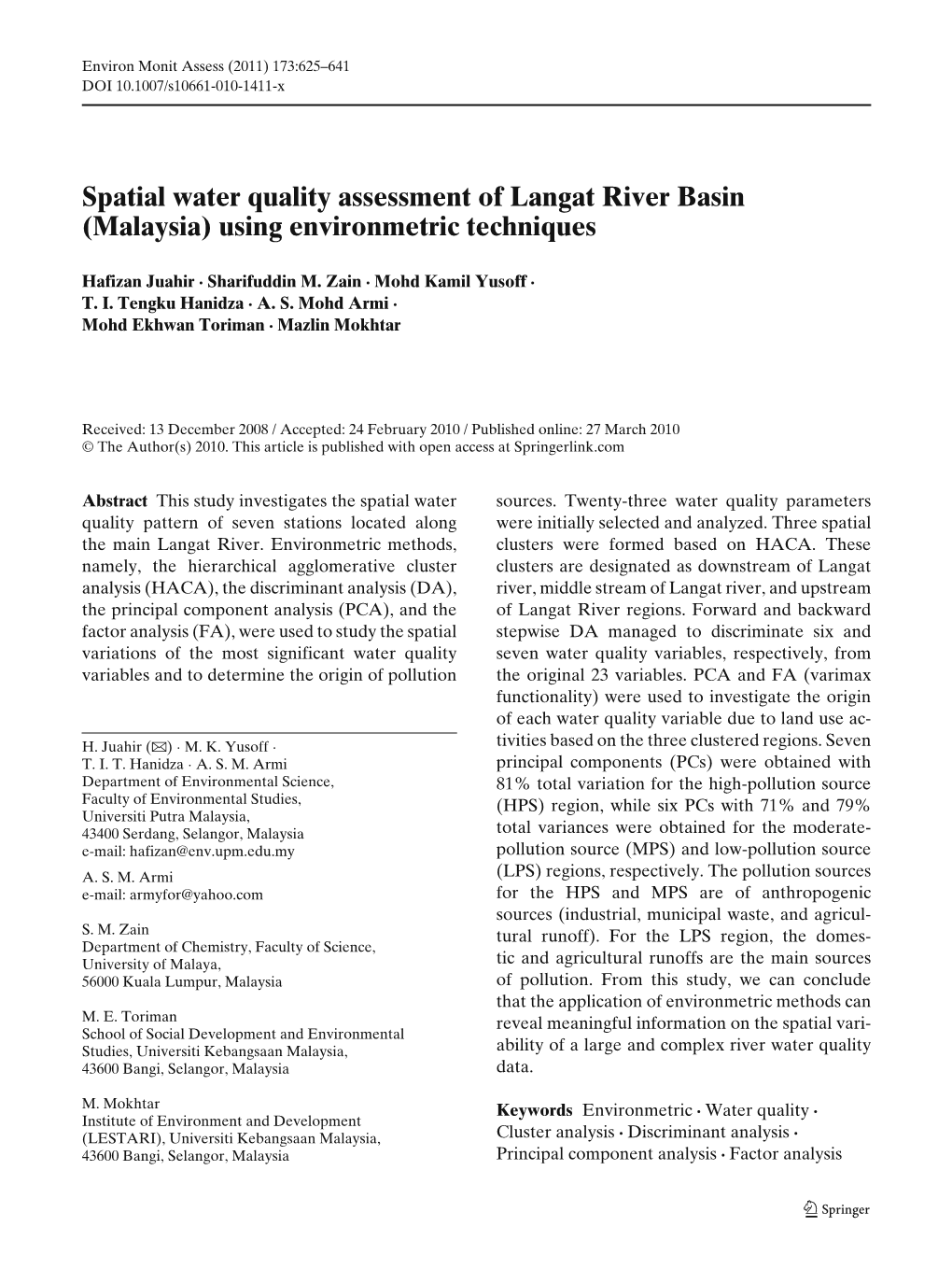 Spatial Water Quality Assessment of Langat River Basin (Malaysia) Using Environmetric Techniques