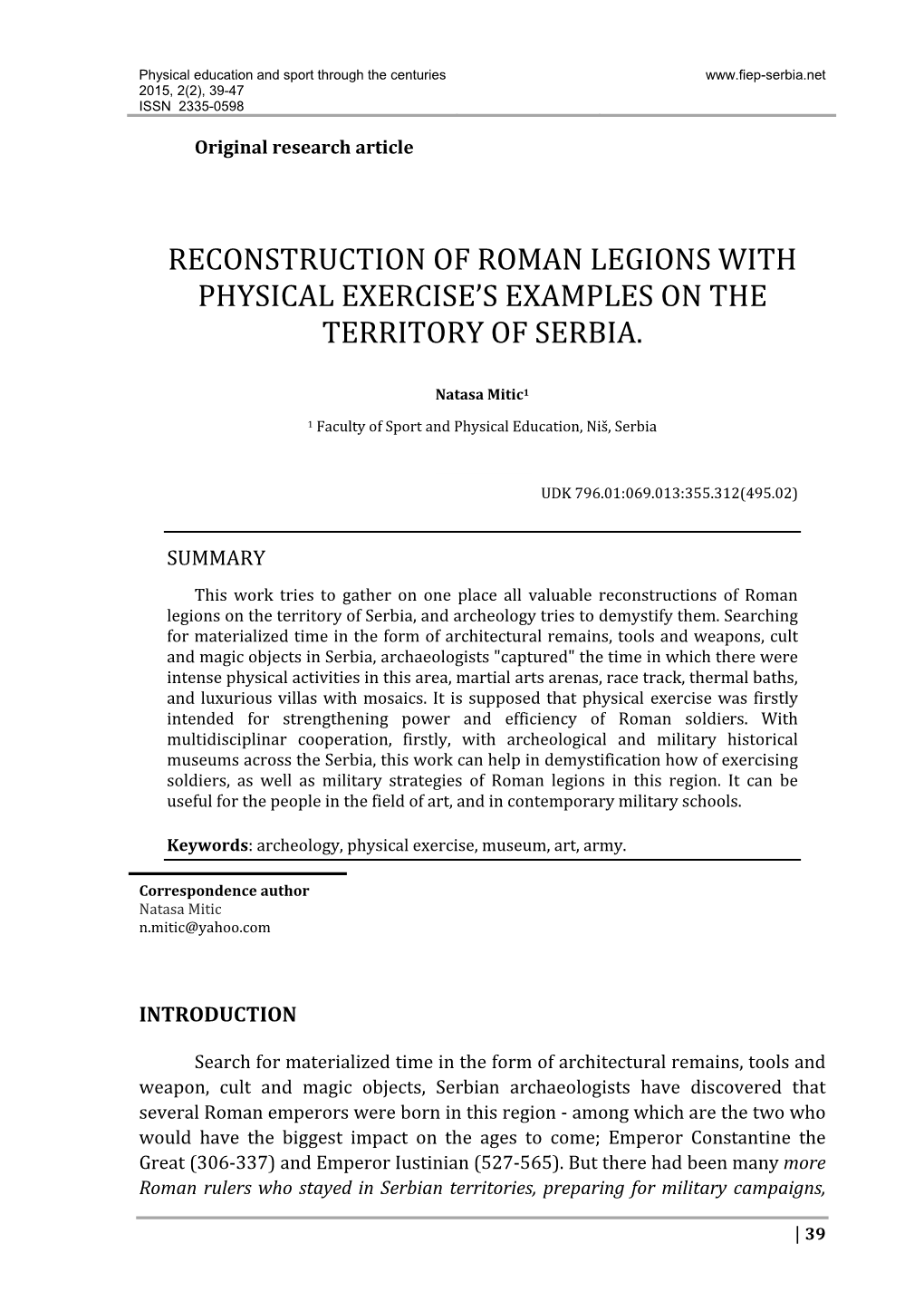 Reconstruction of Roman Legions with Physical Exercise’S Examples on the Territory of Serbia