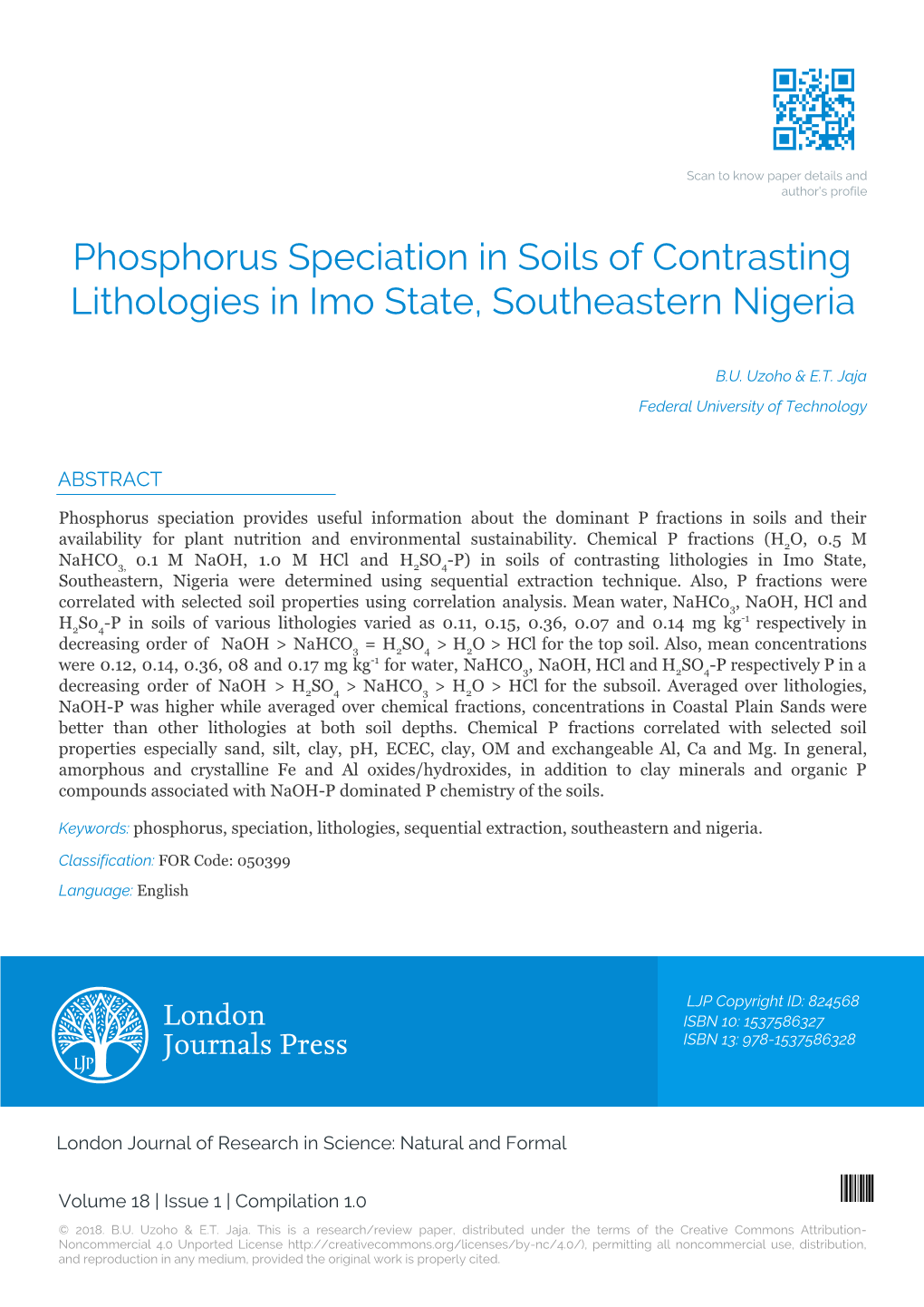 Phosphorus Speciation in Soils of Contrasting Lithologies in Imo State, Southeastern Nigeria