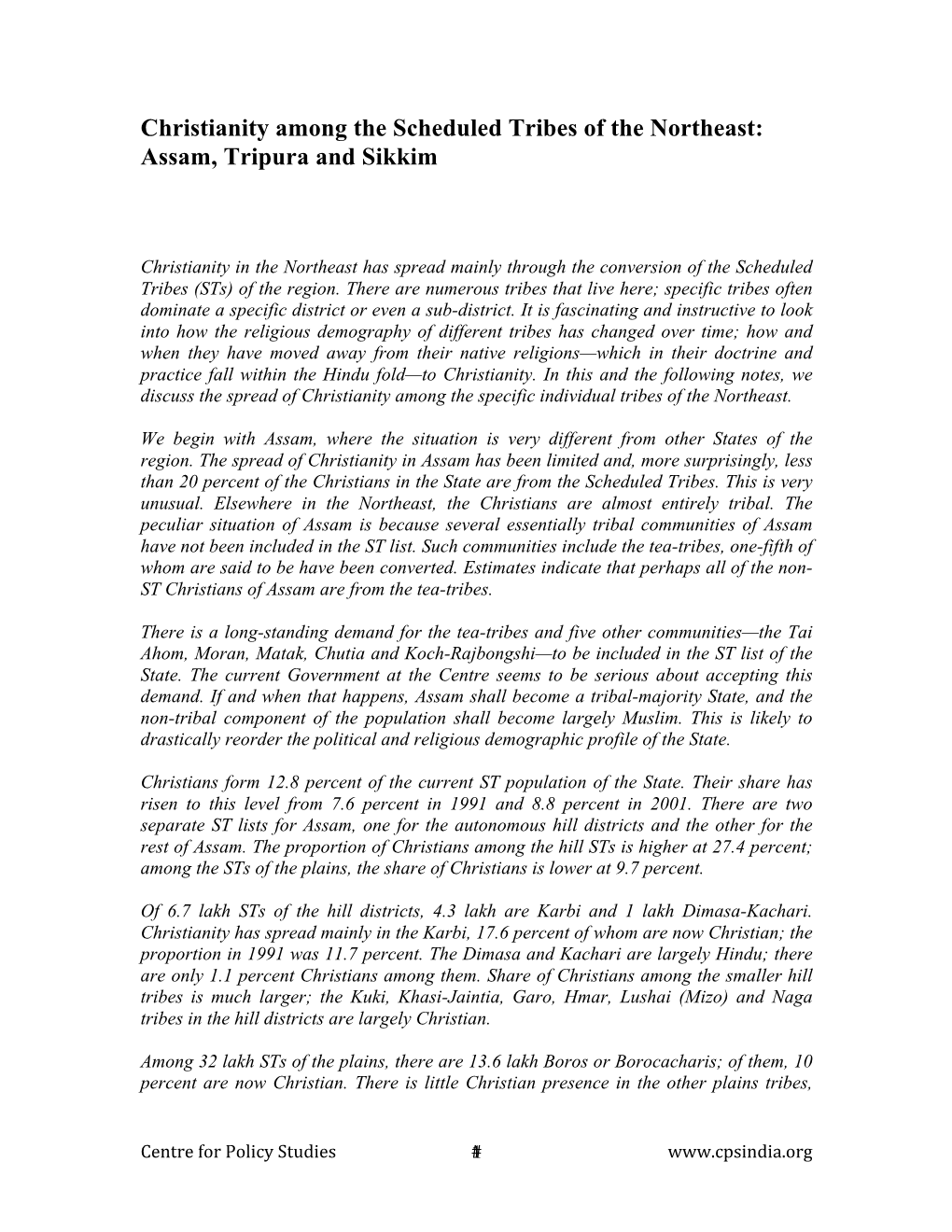 Christianity Among the Scheduled Tribes of the Northeast: Assam, Tripura and Sikkim