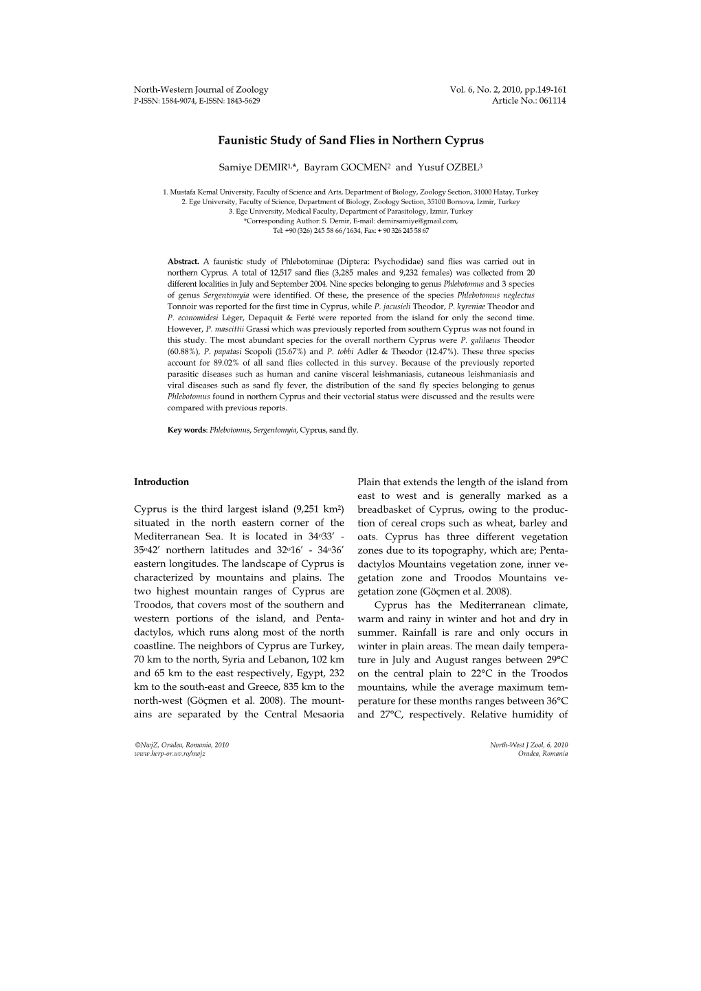 Faunistic Study of Sand Flies in Northern Cyprus