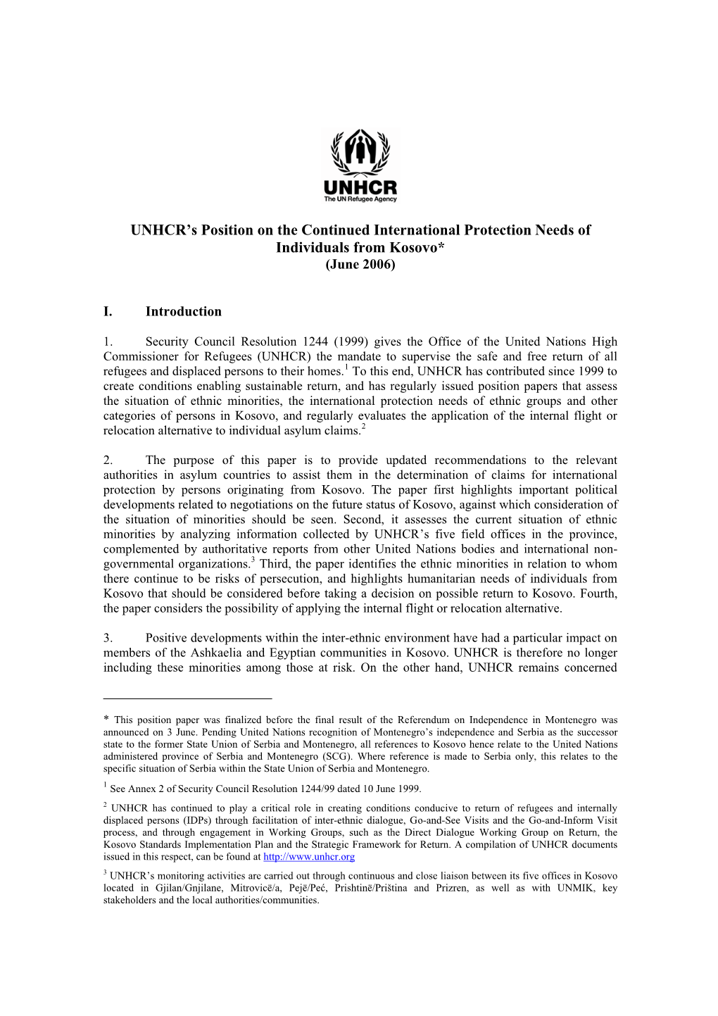 UNHCR's Position on the Continued International Protection