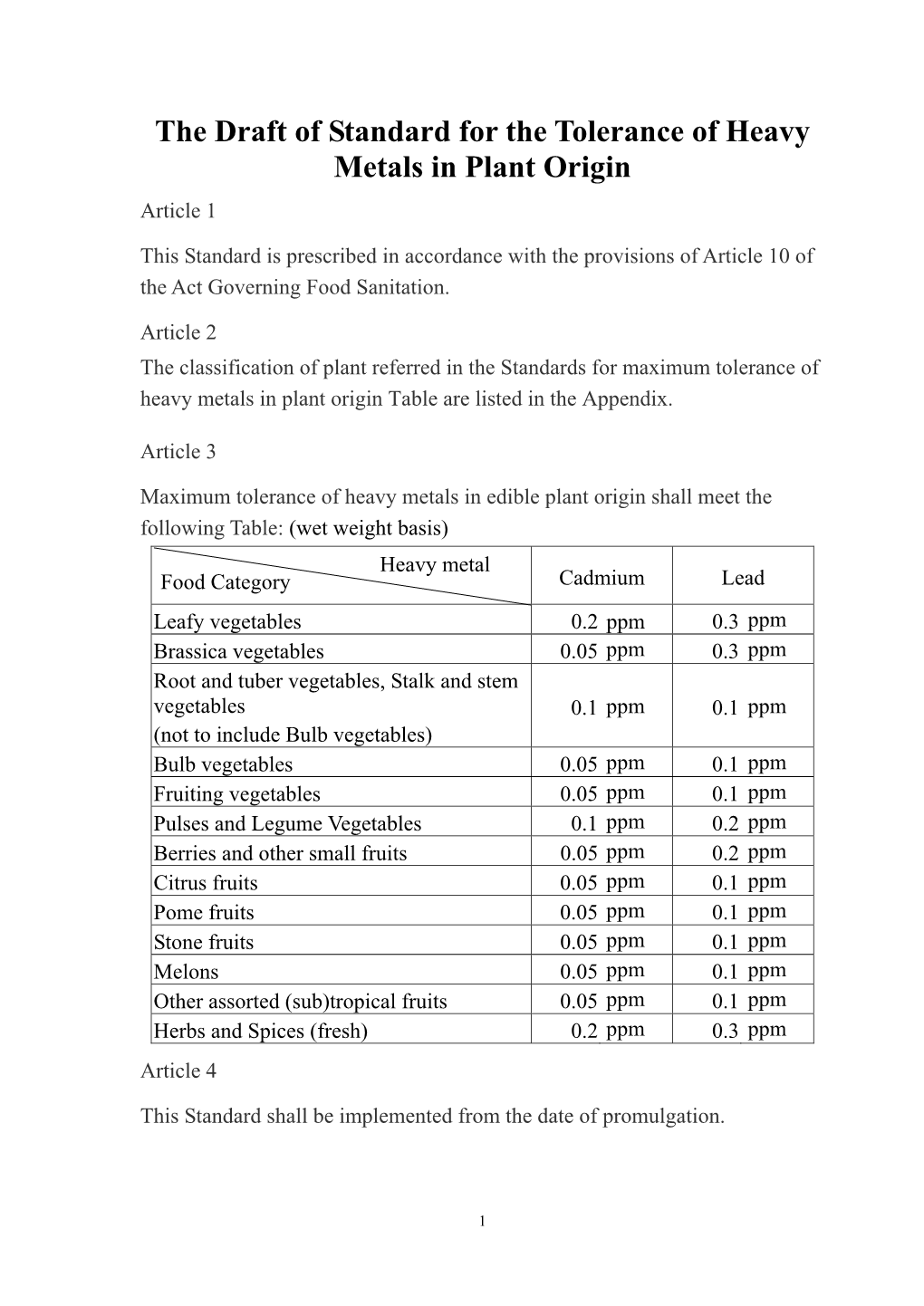 Draft of Standard for the Tolerance of Heavy Metals in Plant Origin Article 1