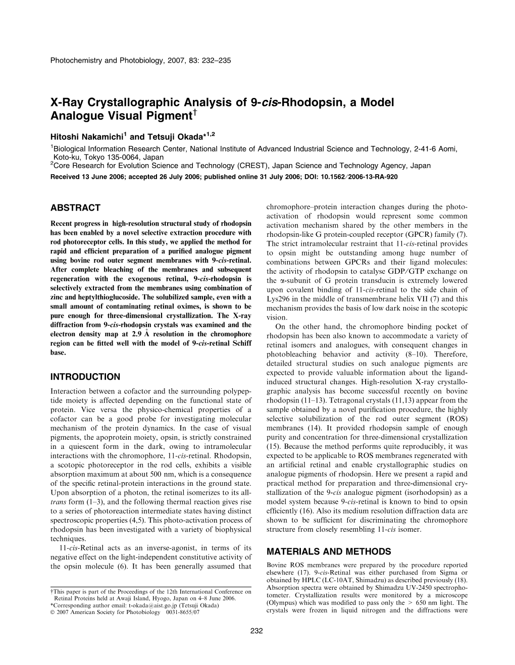 X-Ray Crystallographic Analysis of 9-Cis-Rhodopsin, a Model Analogue Visual Pigment†