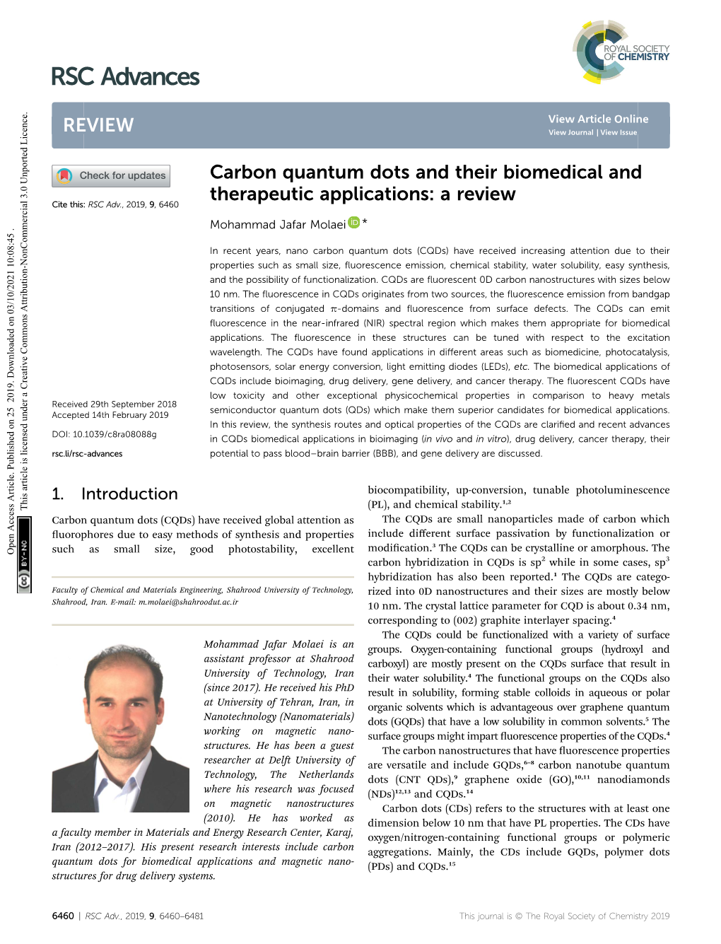 Carbon Quantum Dots and Their Biomedical and Therapeutic Applications: a Review Cite This: RSC Adv.,2019,9, 6460 Mohammad Jafar Molaei *