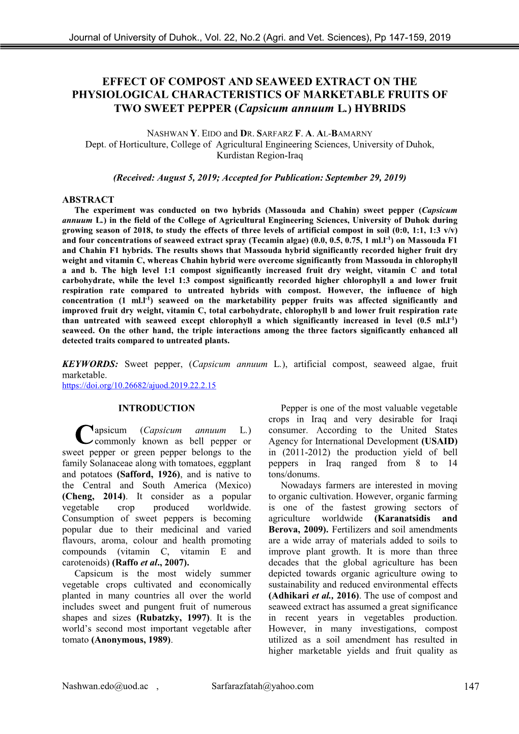 EFFECT of COMPOST and SEAWEED EXTRACT on the PHYSIOLOGICAL CHARACTERISTICS of MARKETABLE FRUITS of TWO SWEET PEPPER (Capsicum Annuum L.) HYBRIDS