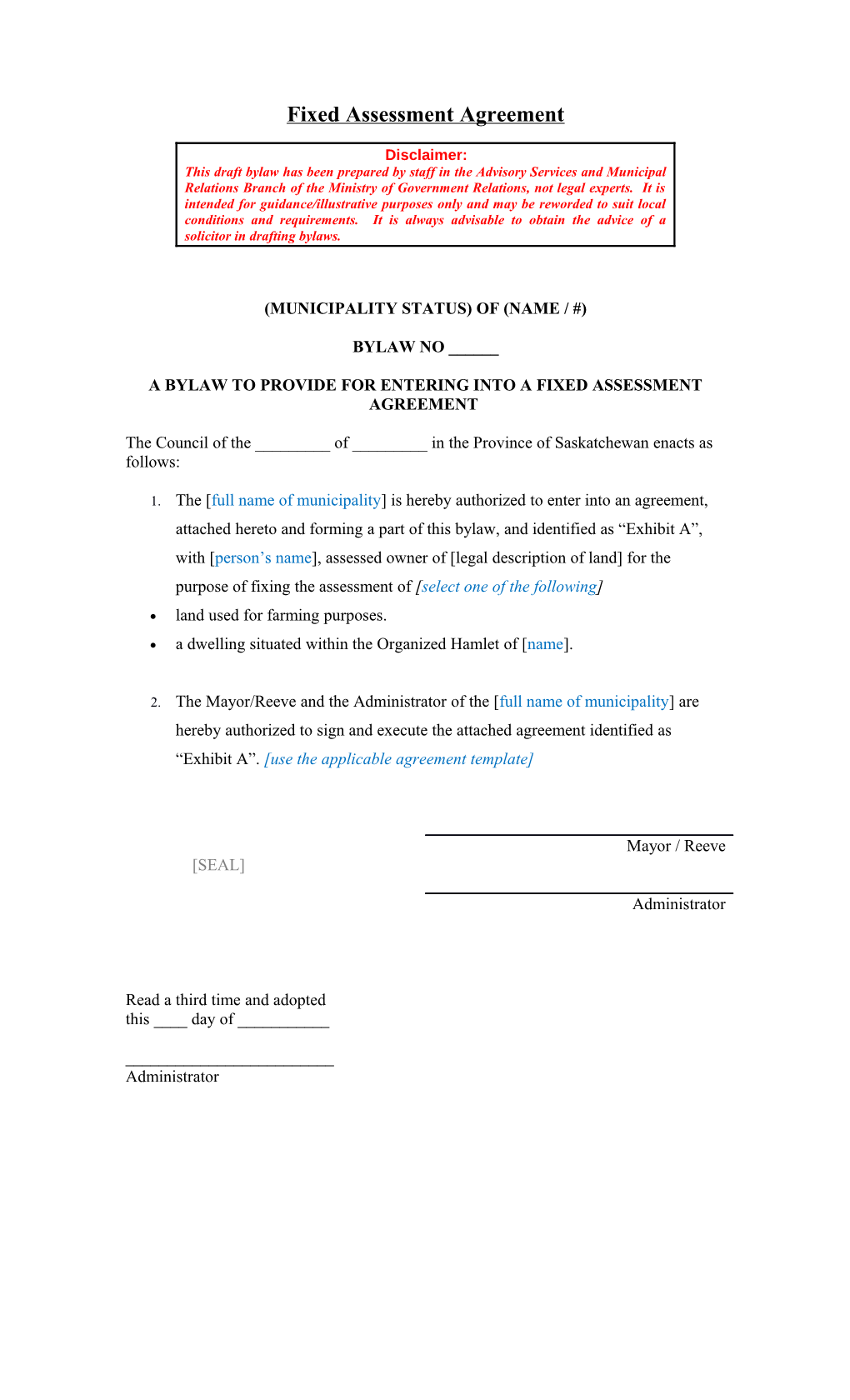 Fixed Assessment Agreement Disclaimer