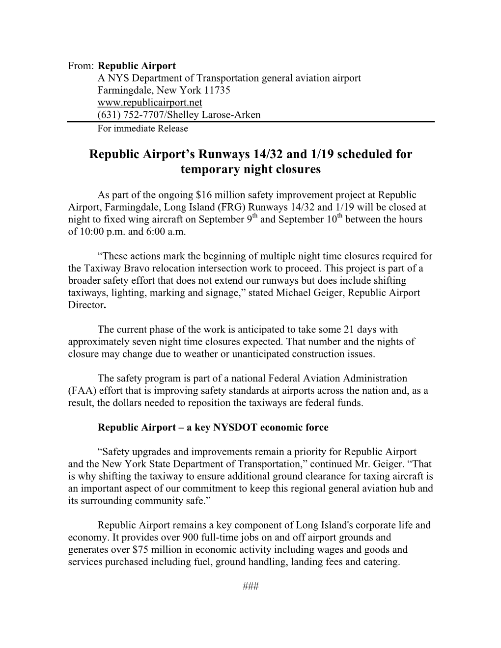 Republic Airport's Runways 14/32 and 1/19 Scheduled for Temporary Night