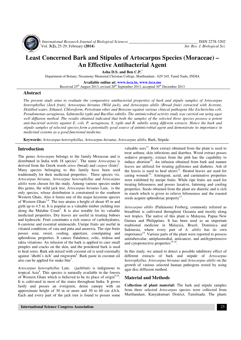 Least Concerned Bark and Stipules of Artocarpus Species (Moraceae) – an Effective Antibacterial Agent