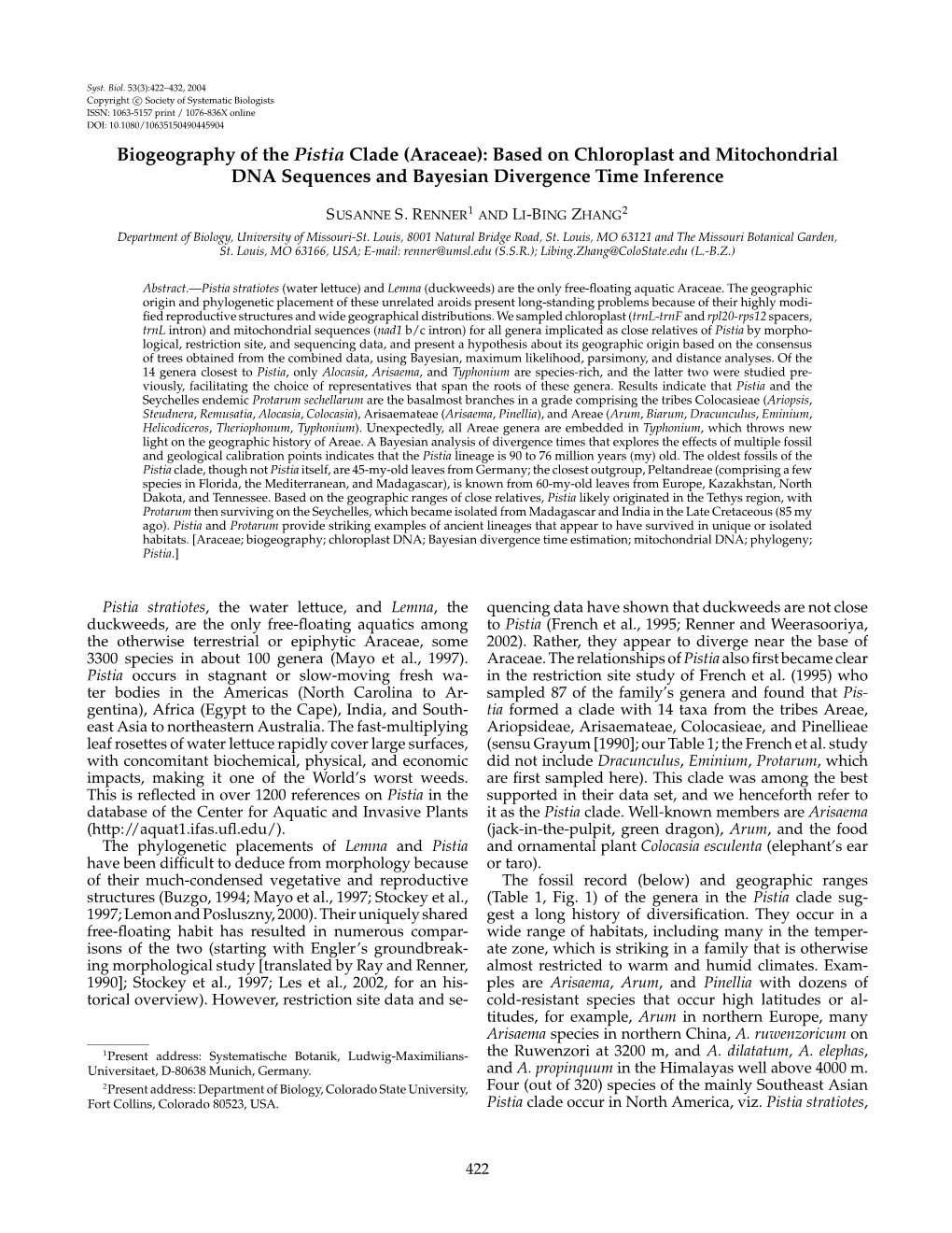 Biogeography of the Pistia Clade (Araceae): Based on Chloroplast and Mitochondrial DNA Sequences and Bayesian Divergence Time Inference