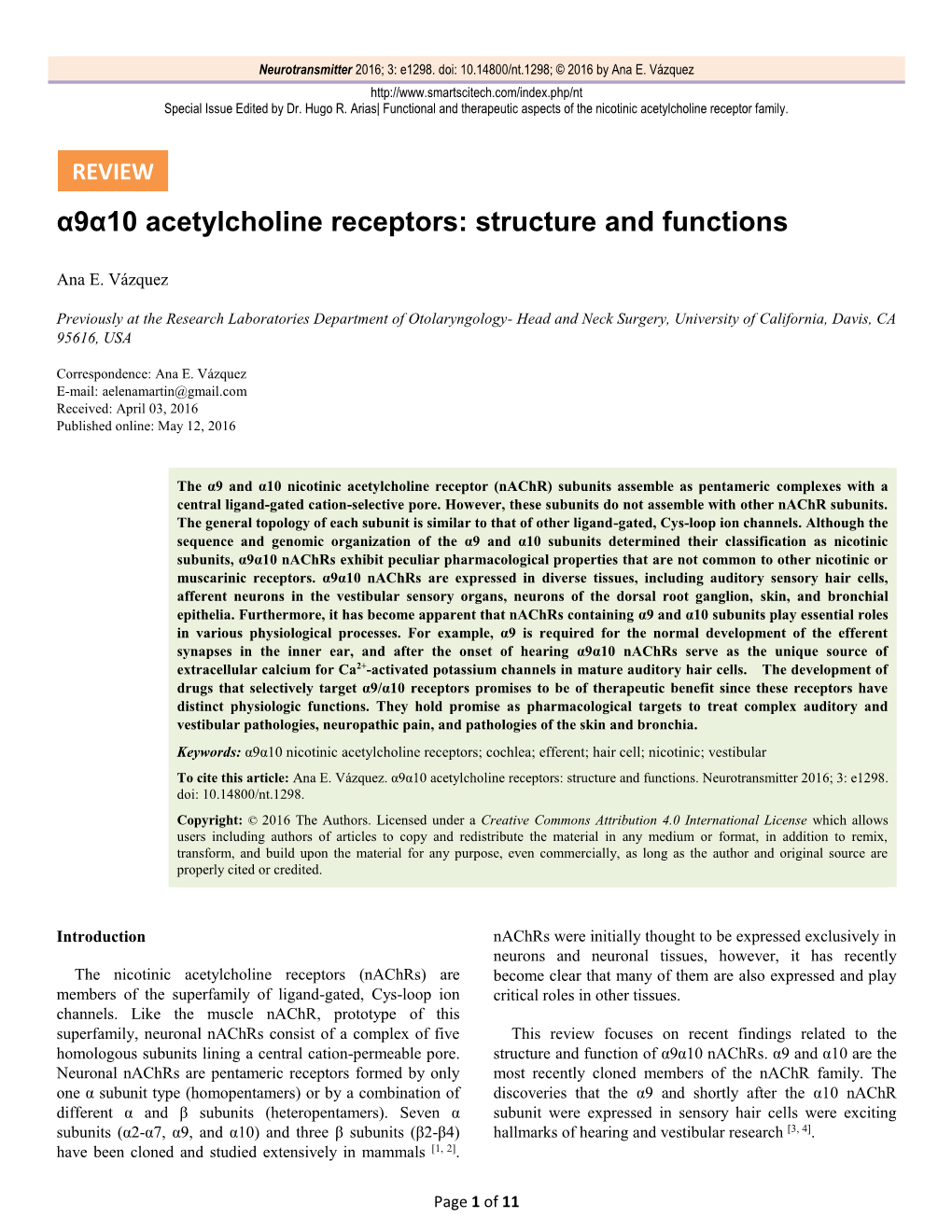 Α9α10 Acetylcholine Receptors: Structure and Functions