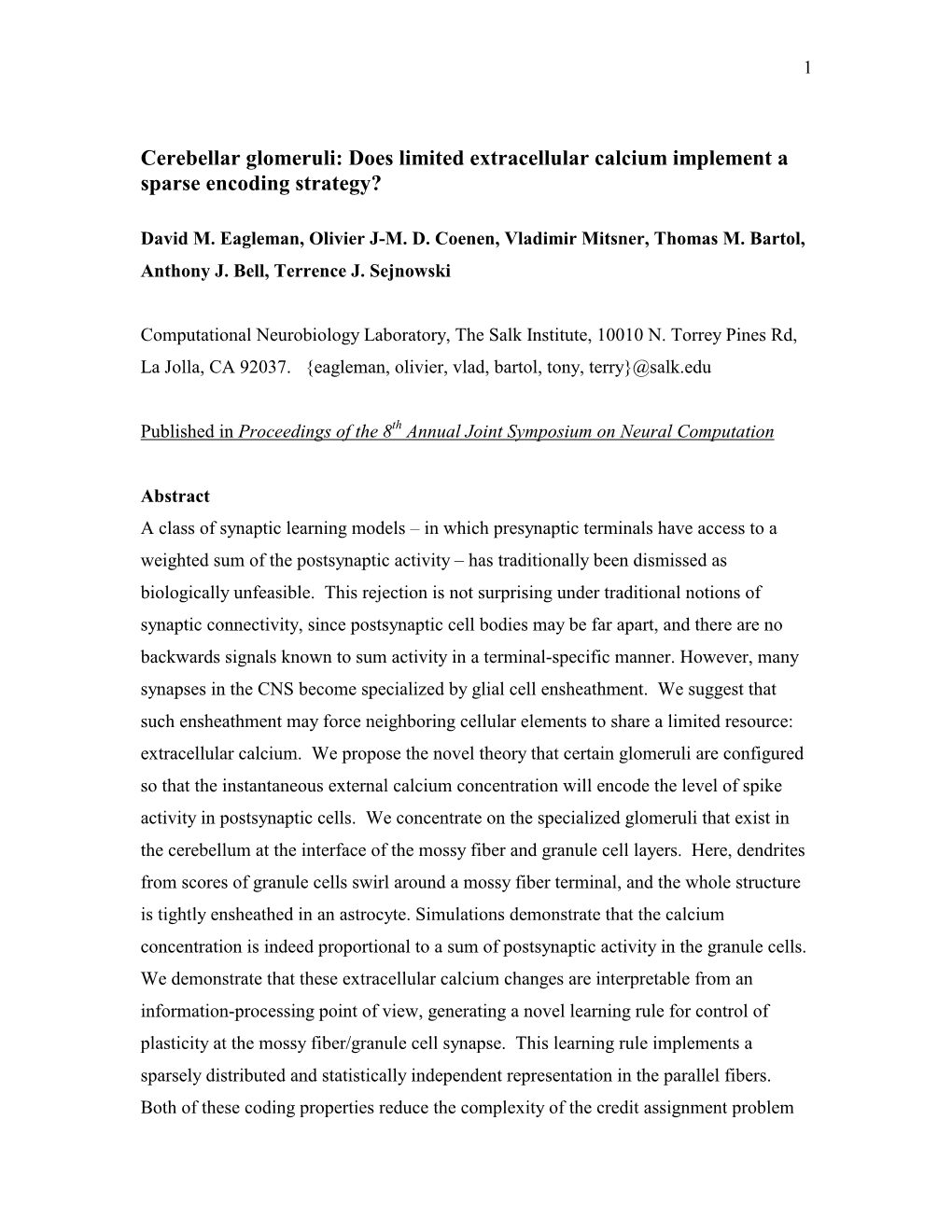 Cerebellar Glomeruli: Does Limited Extracellular Calcium Implement a Sparse Encoding Strategy?