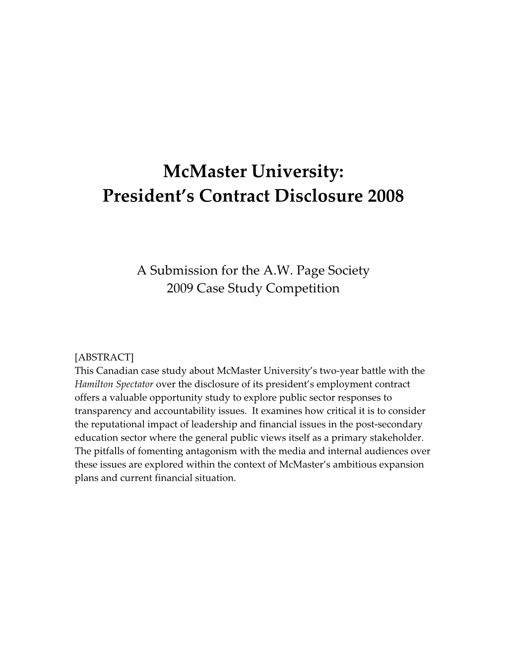 Mcmaster University: President’S Contract Disclosure 2008