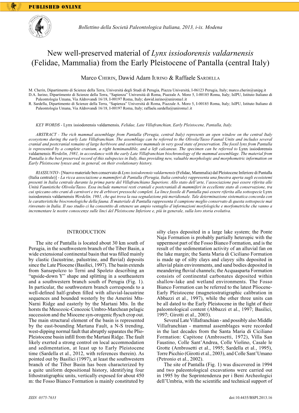 New Well-Preserved Material of Lynx Issiodorensis Valdarnensis (Felidae, Mammalia) from the Early Pleistocene of Pantalla (Central Italy)