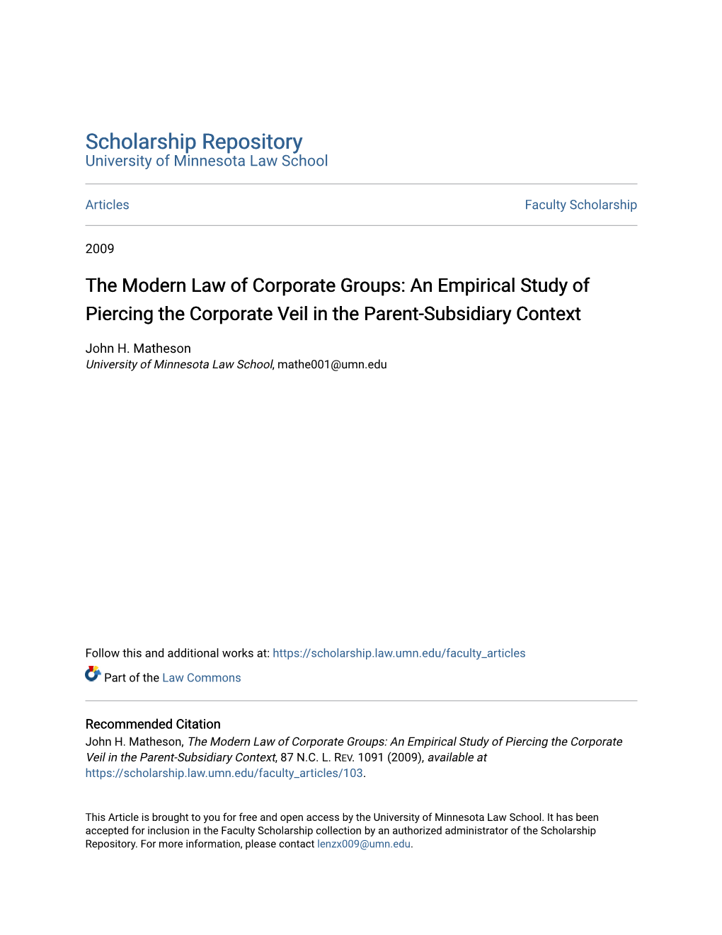 The Modern Law of Corporate Groups: an Empirical Study of Piercing the Corporate Veil in the Parent-Subsidiary Context