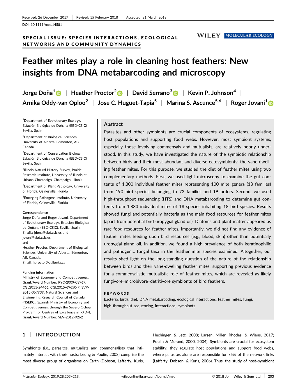 Feather Mites Play a Role in Cleaning Host Feathers: New Insights from DNA Metabarcoding and Microscopy
