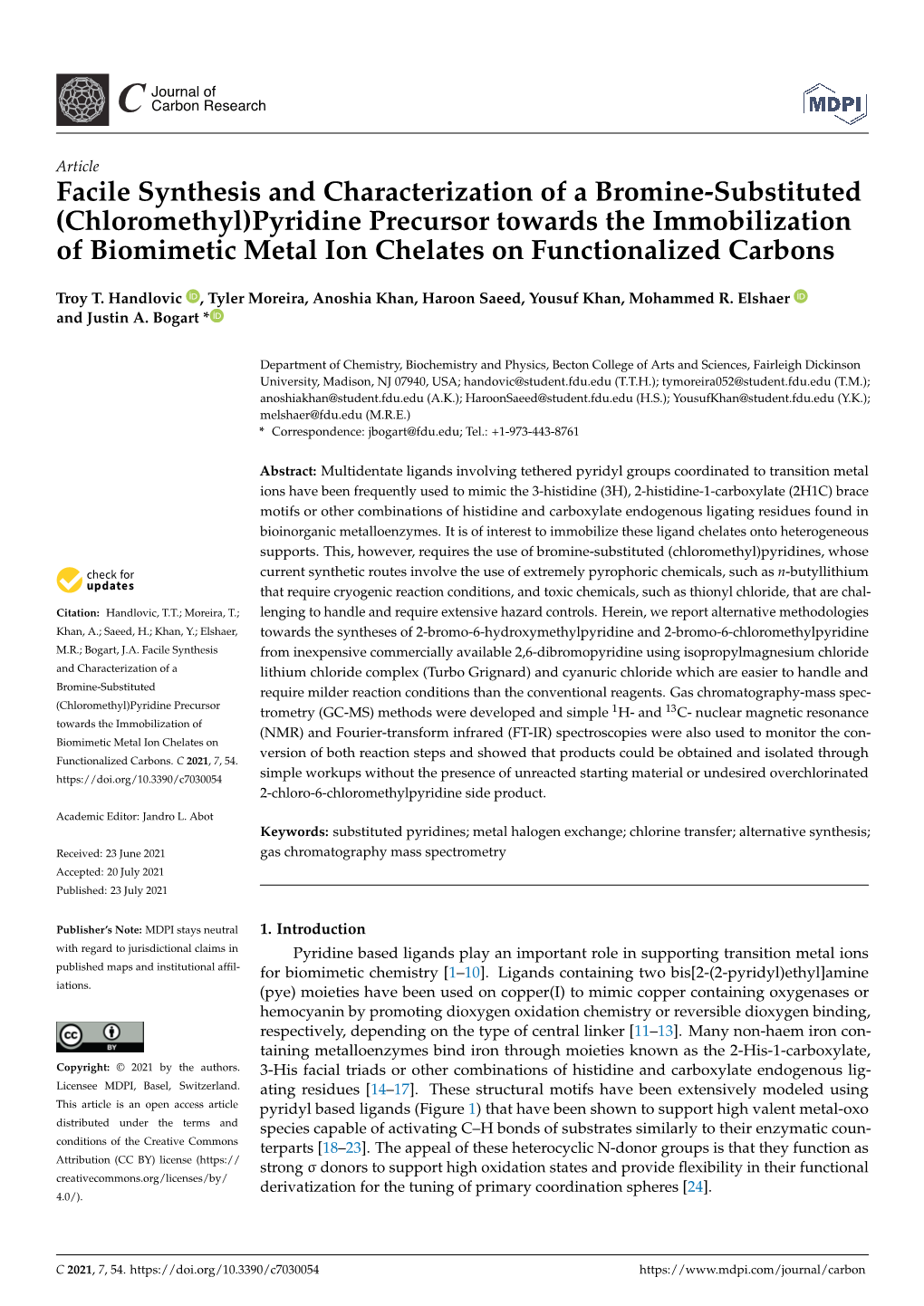 (Chloromethyl)Pyridine Precursor Towards the Immobilization of Biomimetic Metal Ion Chelates on Functionalized Carbons