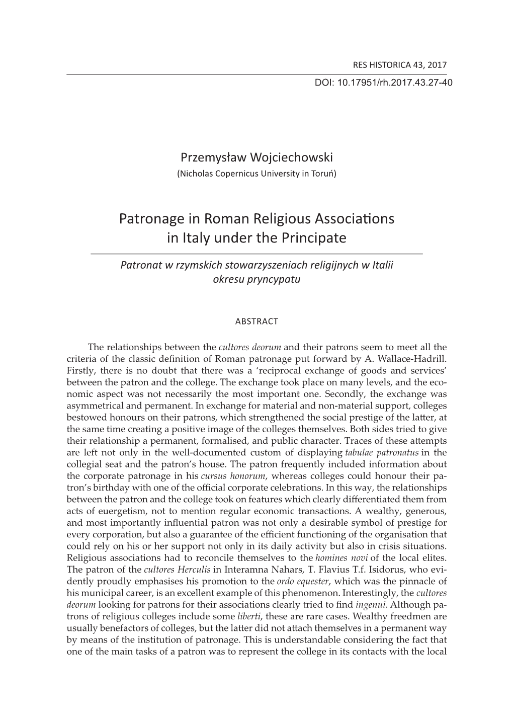 Patronage in Roman Religious Associations in Italy Under the Principate
