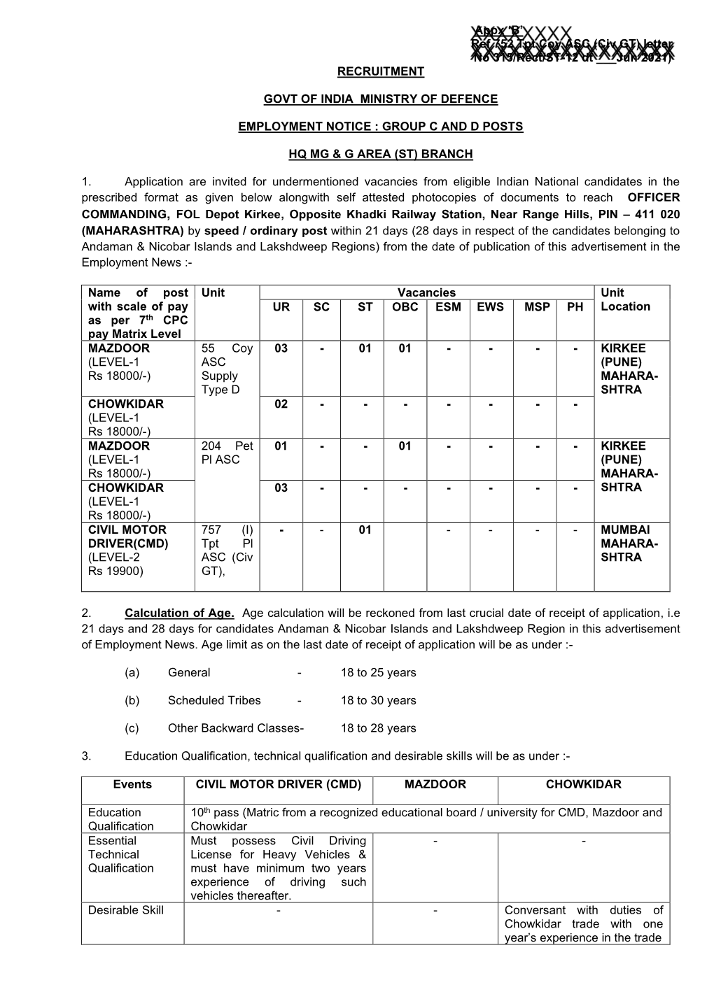 Ref 752 Tpt Coy ASC (Civ GT) Letter No 315/Rect/ST-12 Dt ___Jun 2021) RECRUITMENT