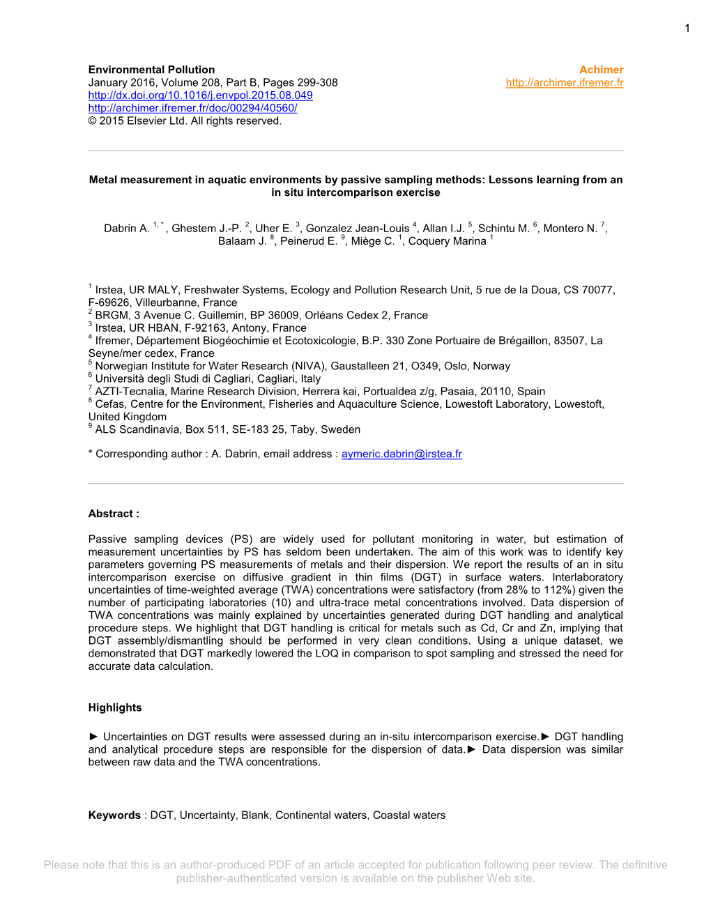 Metal Measurement in Aquatic Environments by Passive Sampling Methods: Lessons Learning from an in Situ Intercomparison Exercise