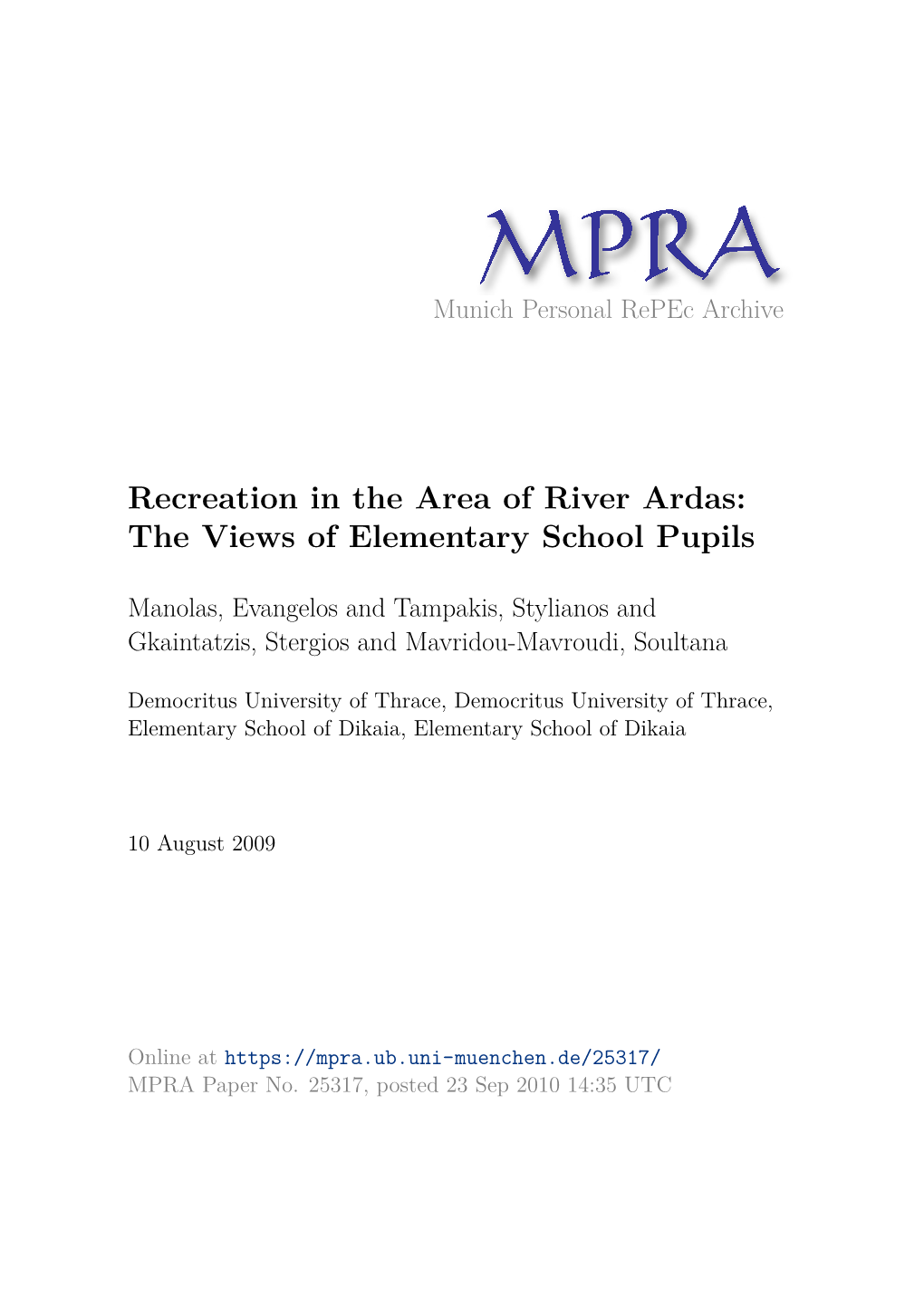 Recreation in the Area of River Ardas: the Views of Elementary School Pupils