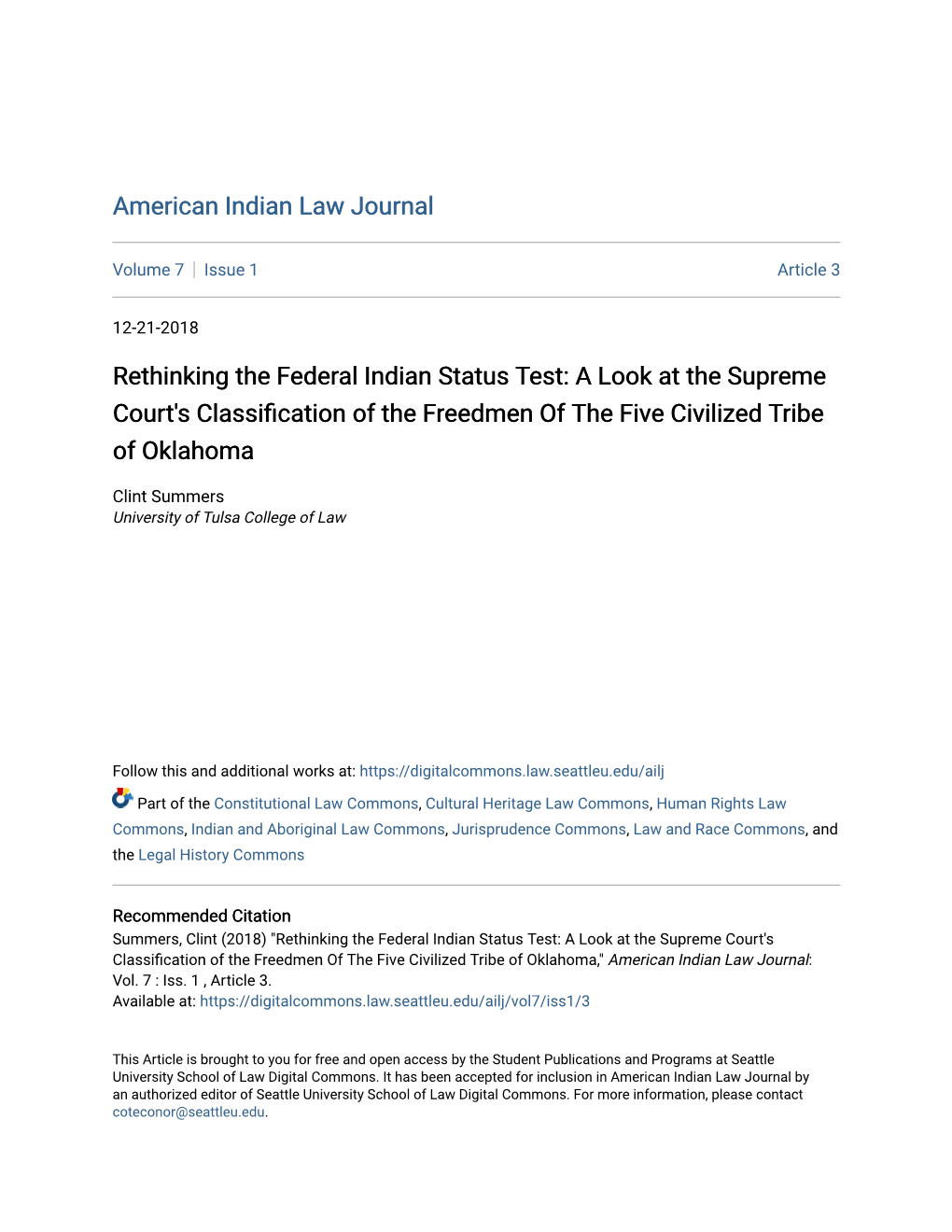 Rethinking the Federal Indian Status Test: a Look at the Supreme Court's Classification of the Rf Eedmen of the Five Civilized Tribe of Oklahoma