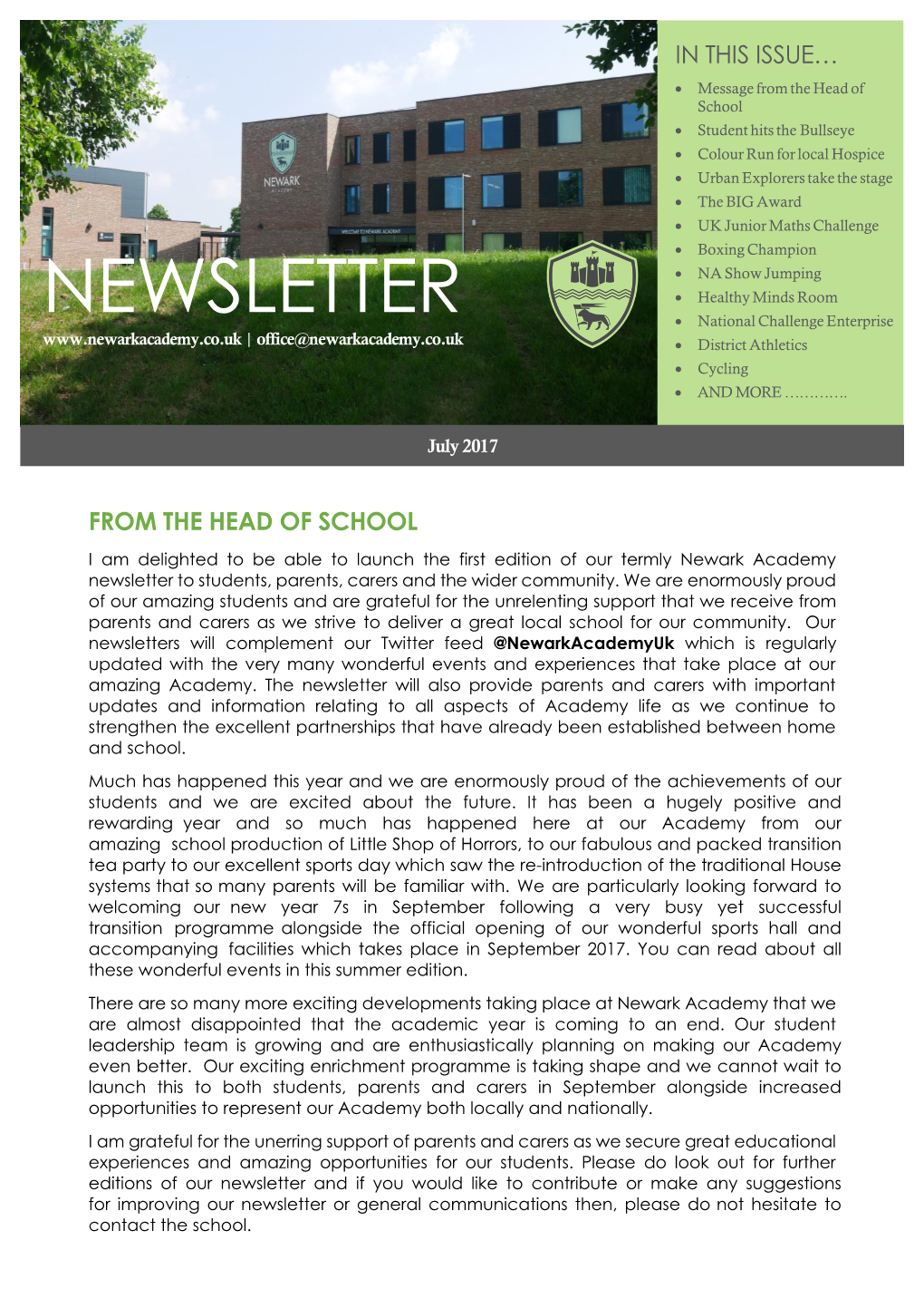 NEWSLETTER • Healthy Minds Room • National Challenge Enterprise | Office@Newarkacademy.Co.Uk • District Athletics • Cycling  and MORE …………