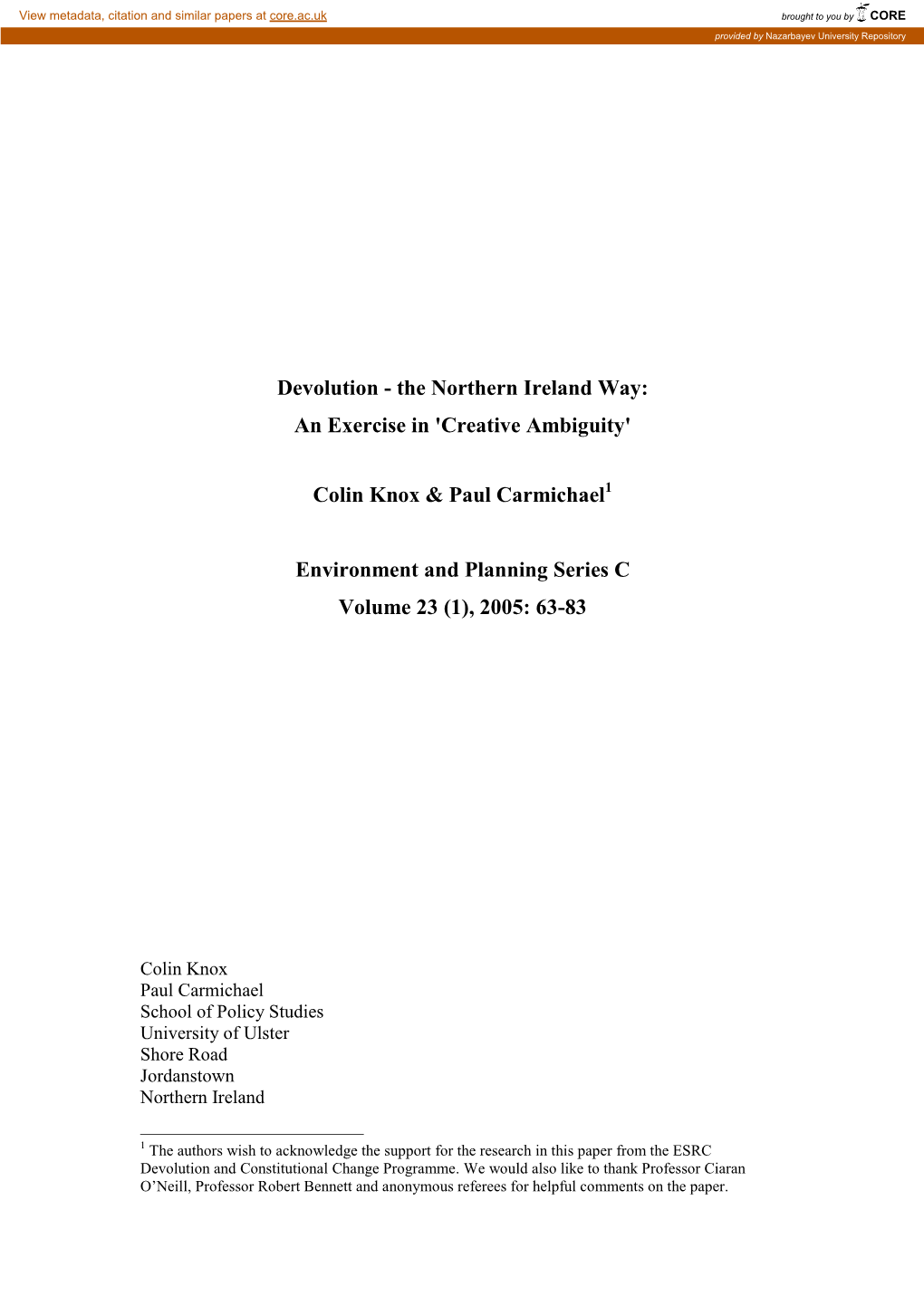 Devolution and the Northern Ireland Assembly