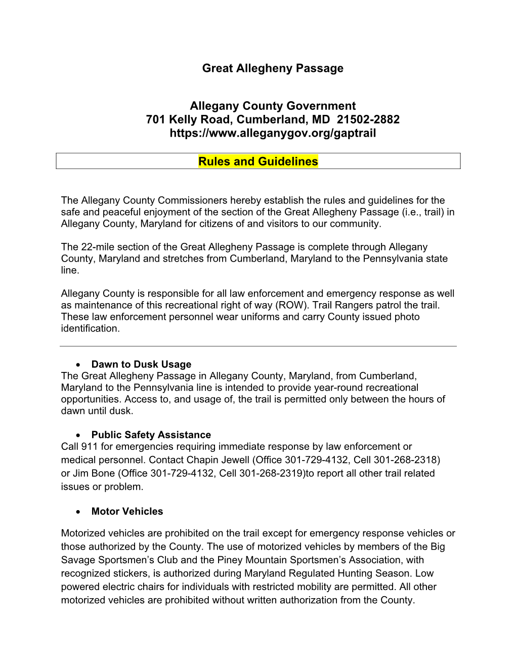 Great Allegheny Passage Rules & Guidelines