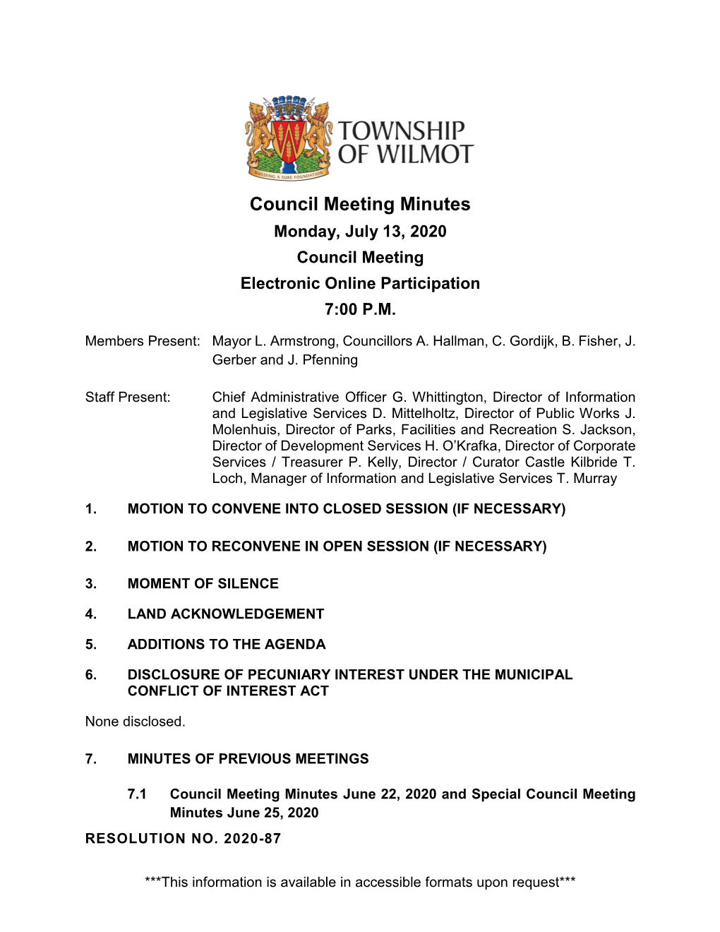 Council Meeting Minutes Monday, July 13, 2020 Council Meeting Electronic Online Participation 7:00 P.M