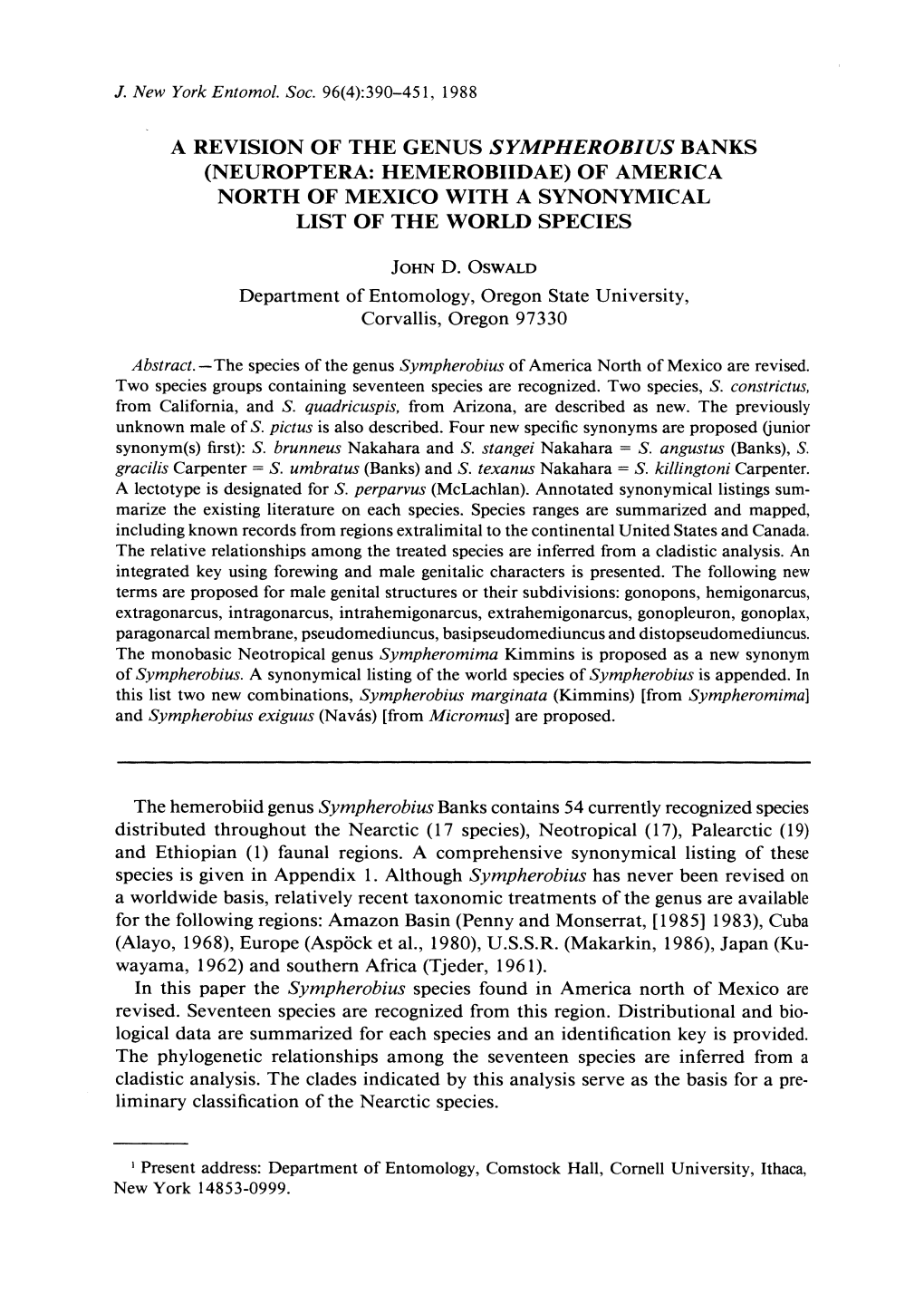 A Revision of the Genus Sympherobius Banks (Neuroptera: Hemerobiidae) of America North of Mexico with a Synonymical List of the World Species