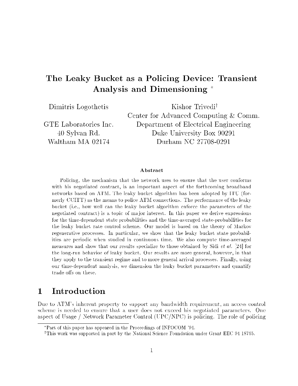 The Leaky Bucket As a Policing Device: Transient Analysis and Dimensioning 1 Introduction