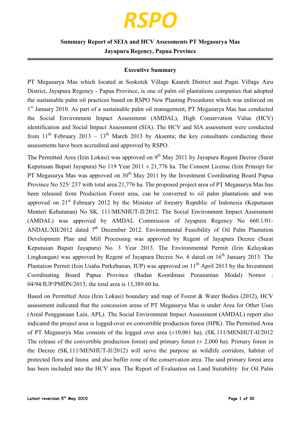 Form 1 Summary Report of SEIA and HCV Assessments PT Megasurya