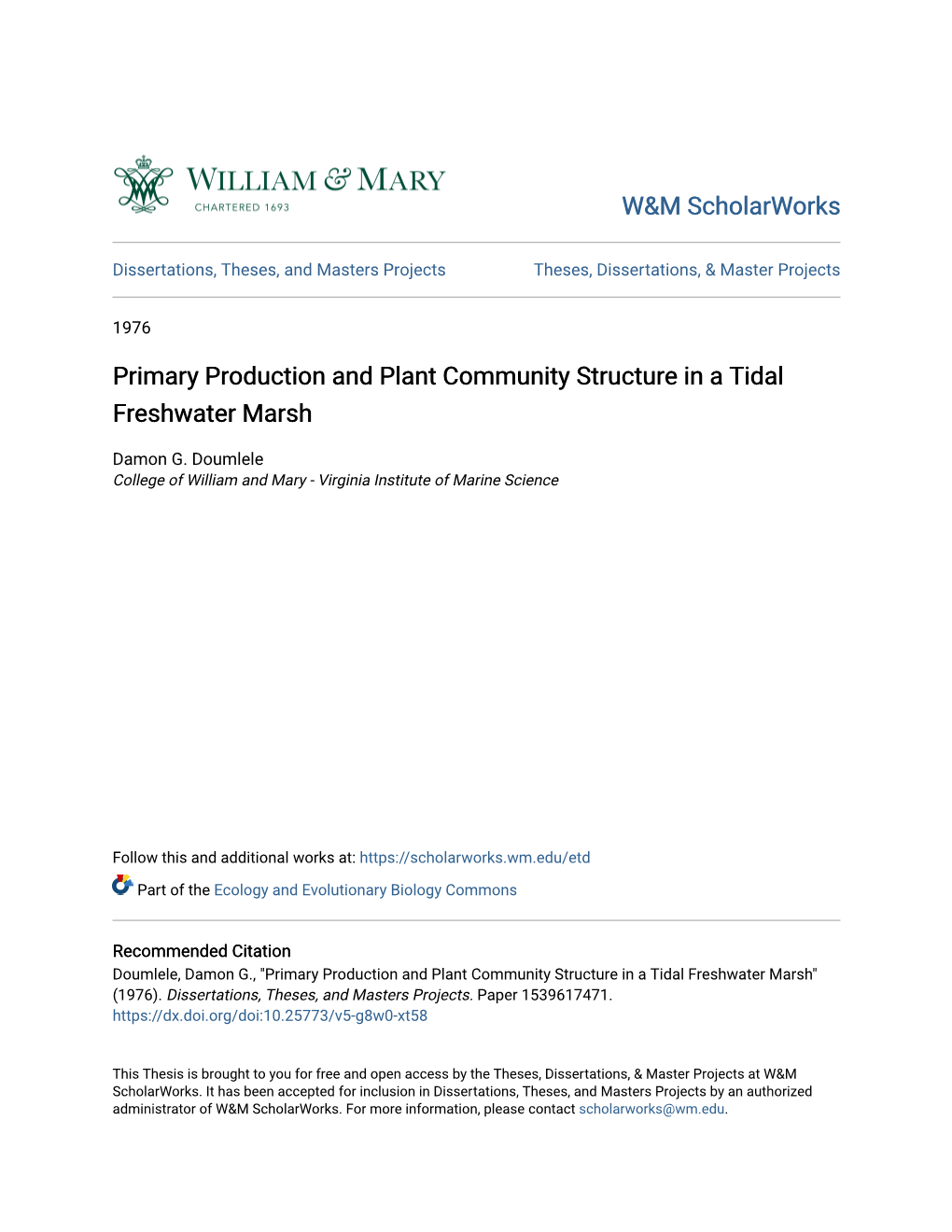 Primary Production and Plant Community Structure in a Tidal Freshwater Marsh