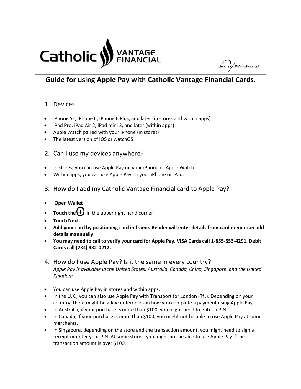 Guide for Using Apple Pay with Catholic Vantage Financial Cards