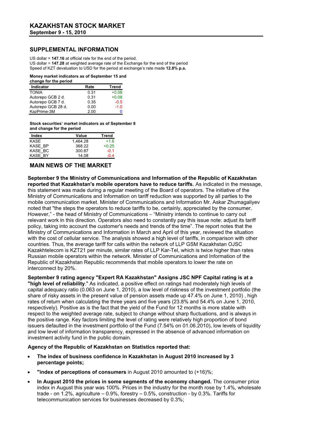 KAZAKHSTAN STOCK MARKET September 9 - 15, 2010