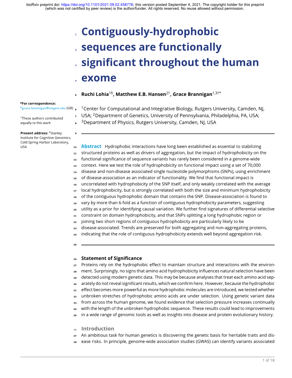 Contiguously-Hydrophobic Sequences Are Functionally Significant