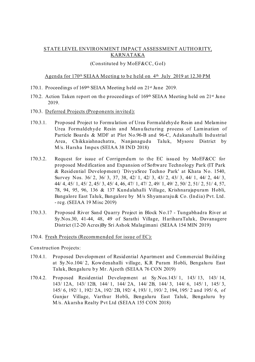 (Constituted by Moef&CC, Goi) Agenda for 170Th SEIAA Meeting