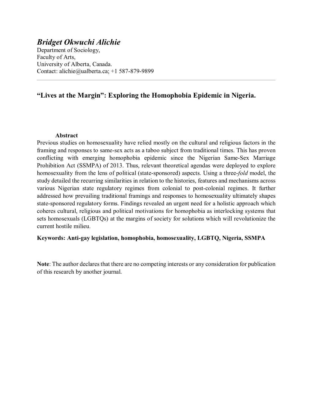 Bridget Okwuchi Alichie Department of Sociology, Faculty of Arts, University of Alberta, Canada