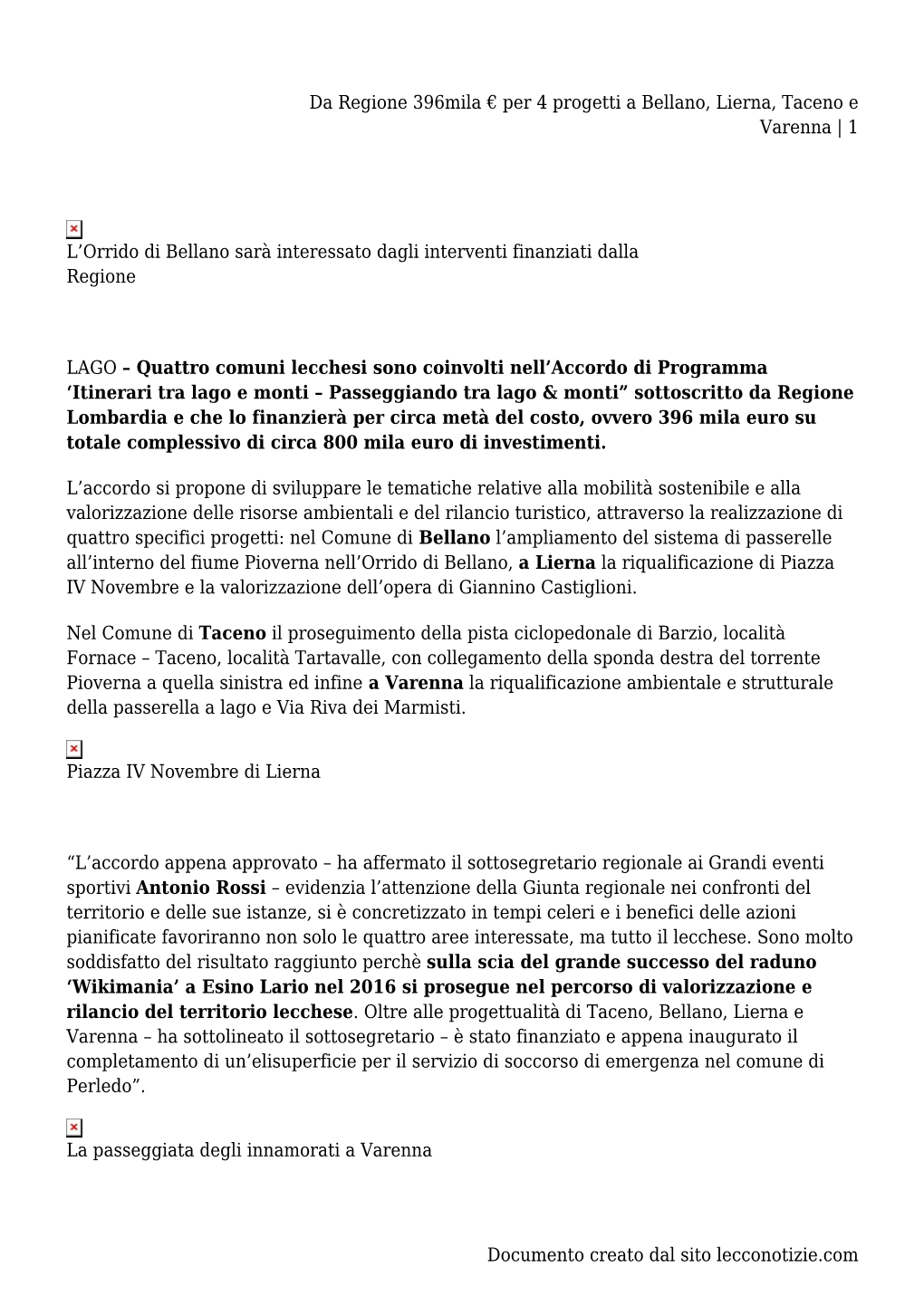 Da Regione 396Mila € Per 4 Progetti a Bellano, Lierna, Taceno E Varenna | 1