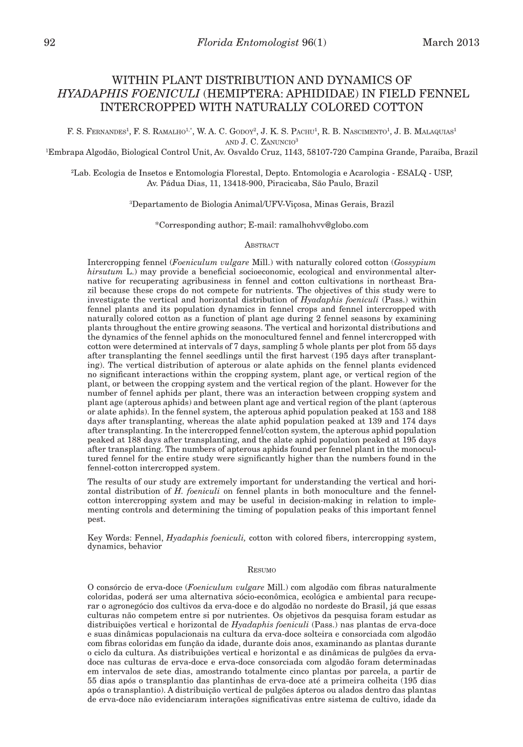 Within Plant Distribution and Dynamics of Hyadaphis Foeniculi (Hemiptera: Aphididae) in Field Fennel Intercropped with Naturally Colored Cotton