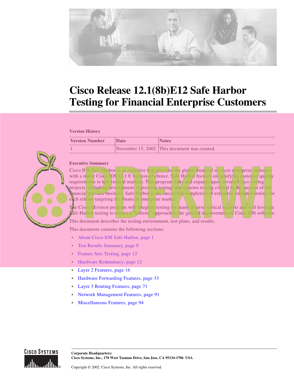 Cisco Release 12.1(8B)E12 Safe Harbor Testing for Financial Enterprise Customers