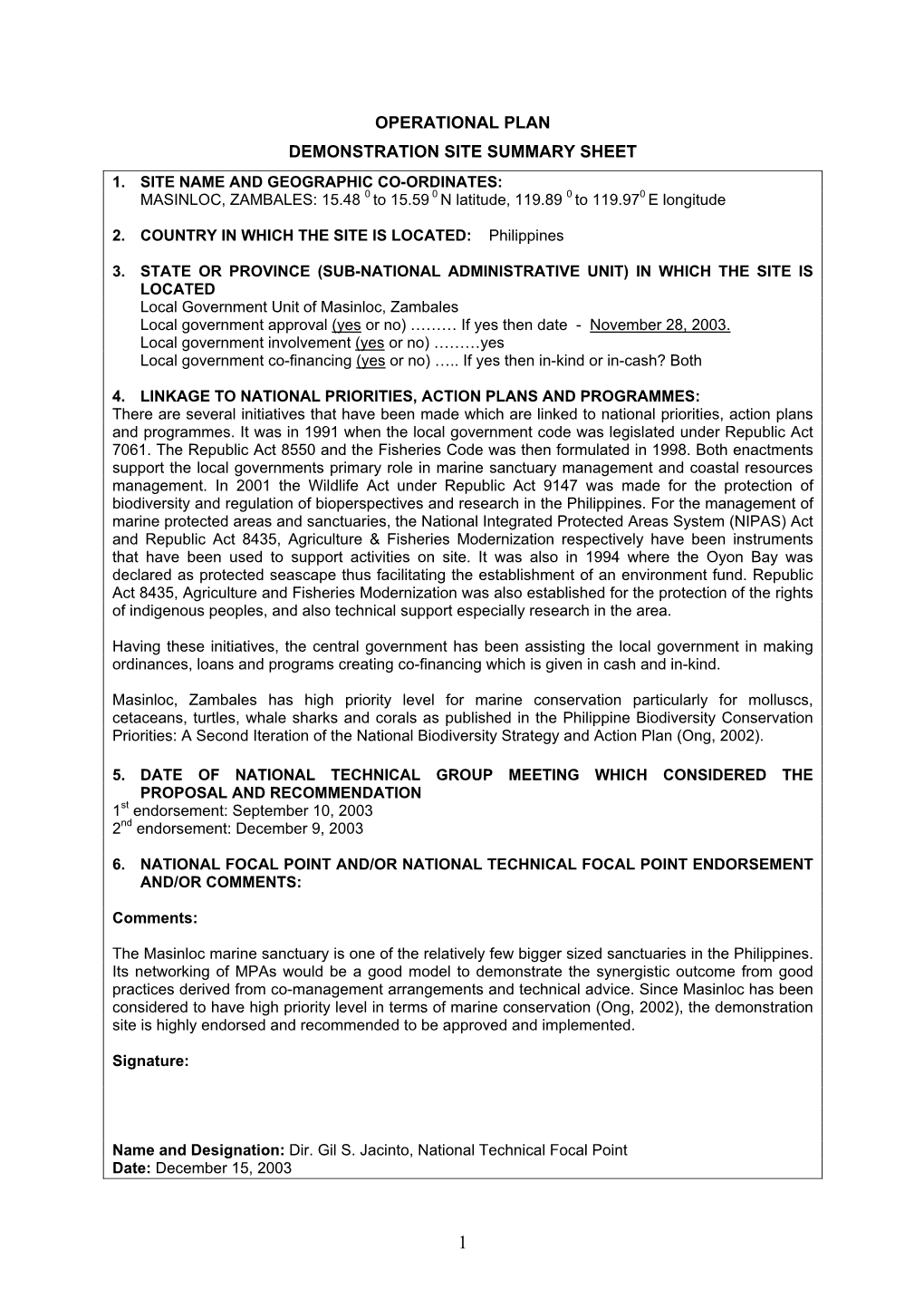 Operational Plan Demonstration Site Summary Sheet 1