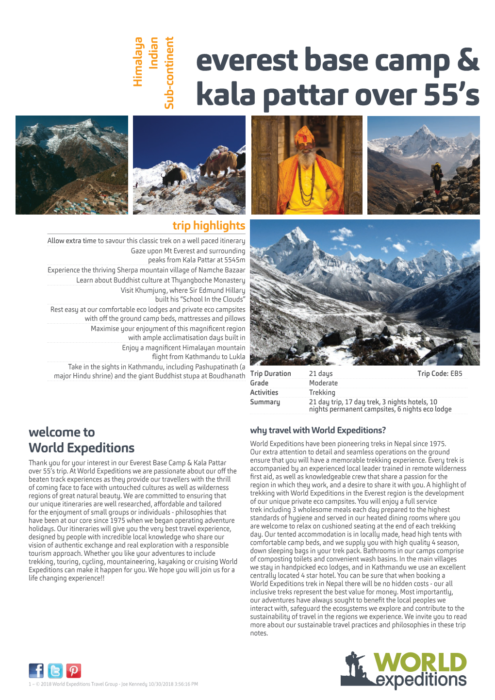 Everest Base Camp & Kala Pattar Over 55'S