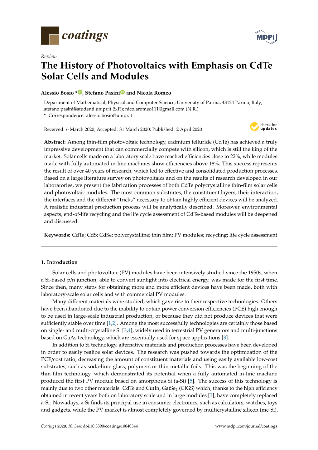 The History of Photovoltaics with Emphasis on Cdte Solar Cells and Modules