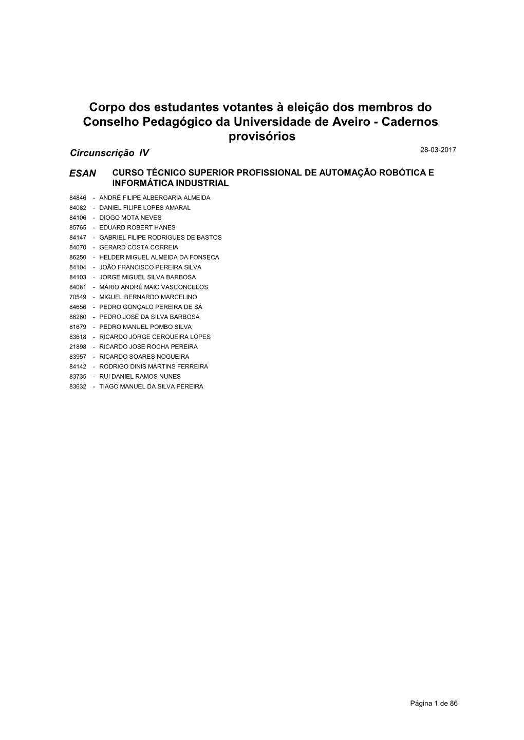 Corpo Dos Estudantes Votantes À Eleição Dos Membros Do Conselho Pedagógico Da Universidade De Aveiro - Cadernos Provisórios Circunscrição IV 28-03-2017