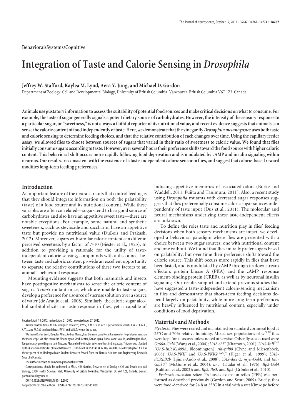 Integration of Taste and Calorie Sensing Indrosophila