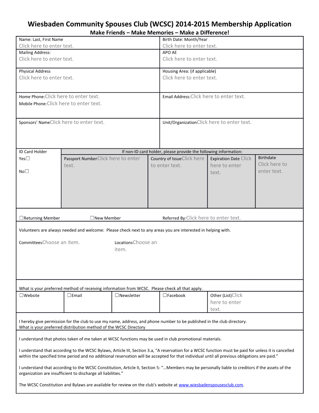 Wiesbaden Community Spouses Club (WCSC) 2014-2015 Membership Application