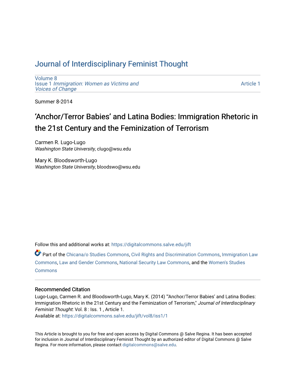 And Latina Bodies: Immigration Rhetoric in the 21St Century and the Feminization of Terrorism
